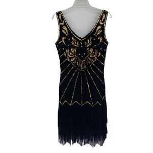 Babeyond Flapper Dress Size SMALL Black Gold Sequin Fringe Great Gatsby 1920s